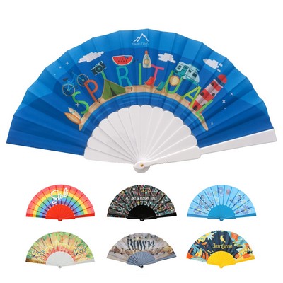 Full Color Folding Fabric Fan w/ Plastic Handle
