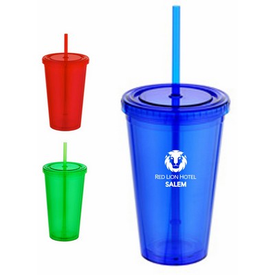 16 Oz. Double Wall Tumbler Acrylic Cup w/Retractable Straw